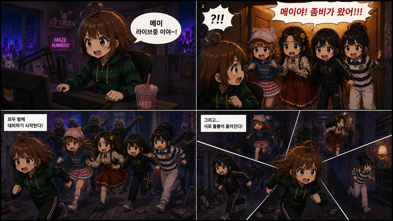 리센느 숙소에 좀비가 나타나 모두가 탈출을 시작하는 만화 인트로